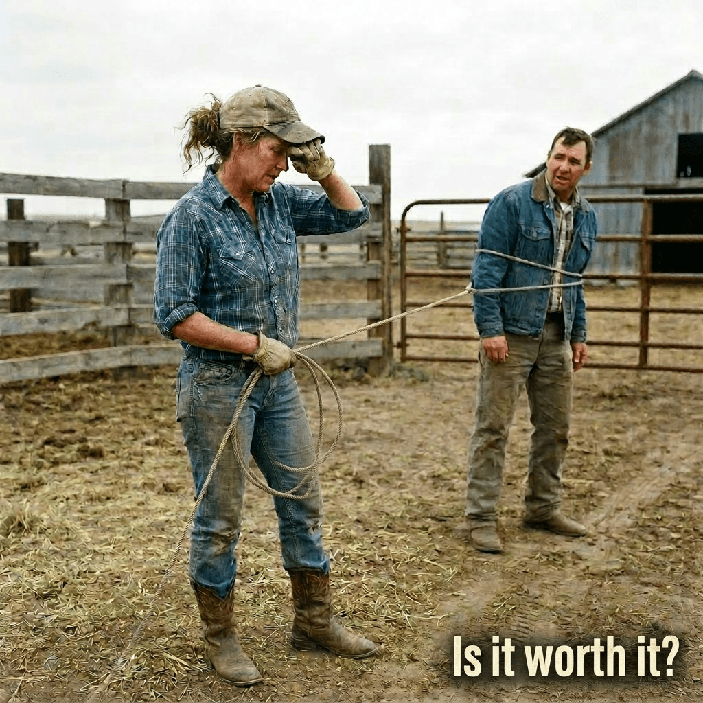 A woman resting forehead with a rope and a man tied with rope outdoors on a farm