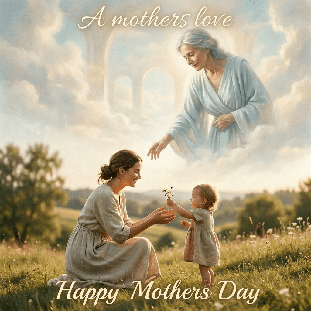 Mother kneeling in a meadow accepting flowers from toddler with spiritual figure in clouds above